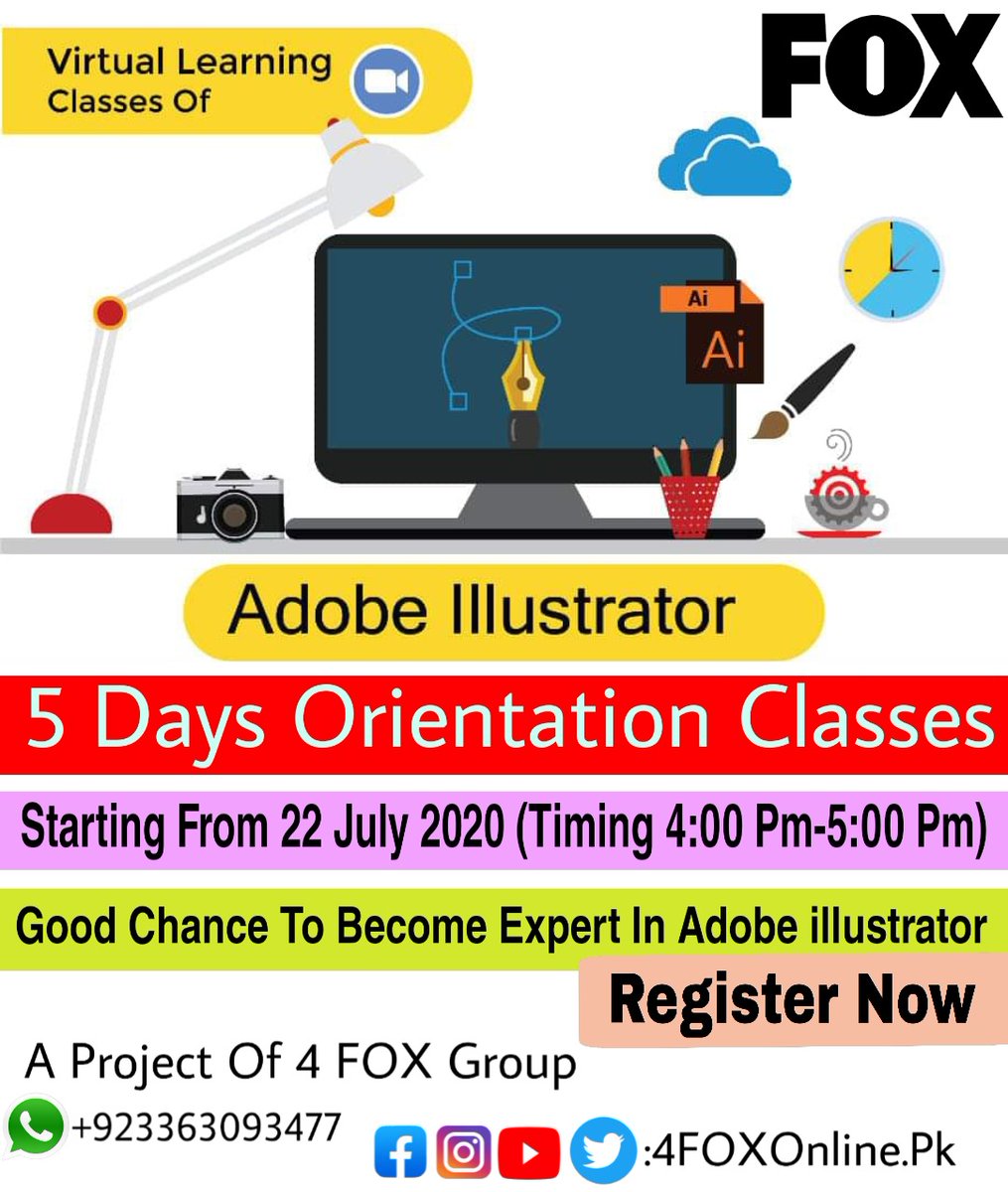 foxxxpk's tweet photo. 4 FOX https://t.co/lfjq6Z6QyZ Presents Adobe Illustrator Course.
5 Days Orientation Classes
Starting From 22 July 2020 (Timing 4:00-5:00 Pm)
Good Chance To Become Expert In Adobe illustrator.

A Project Of 4 FOX Group
For More Further Details Kindly Contact Us At +923363093477 https://t.co/axkwLbo6Qz