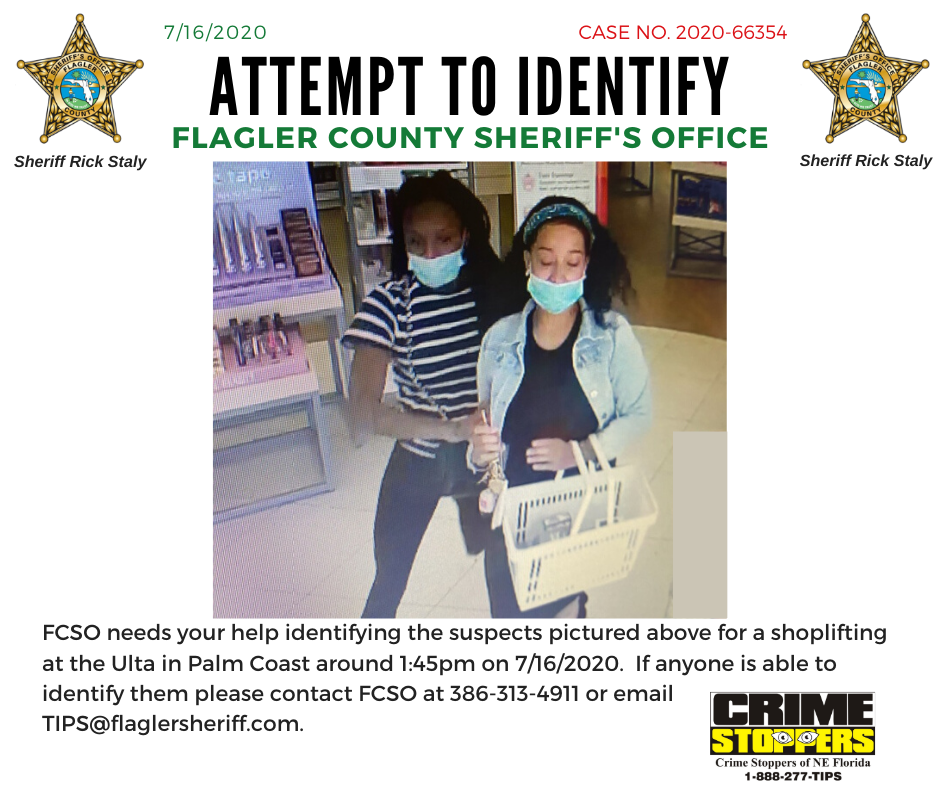 FlaglerSheriff's tweet photo. FCSO needs your help identifying the suspects pictured for a shoplifting at the Ulta in Palm Coast around 1:45pm today.  If anyone is able to identify them please contact FCSO at 386-313-4911 or email TIPS@flaglersheriff.com. https://t.co/FcSzACtHOf