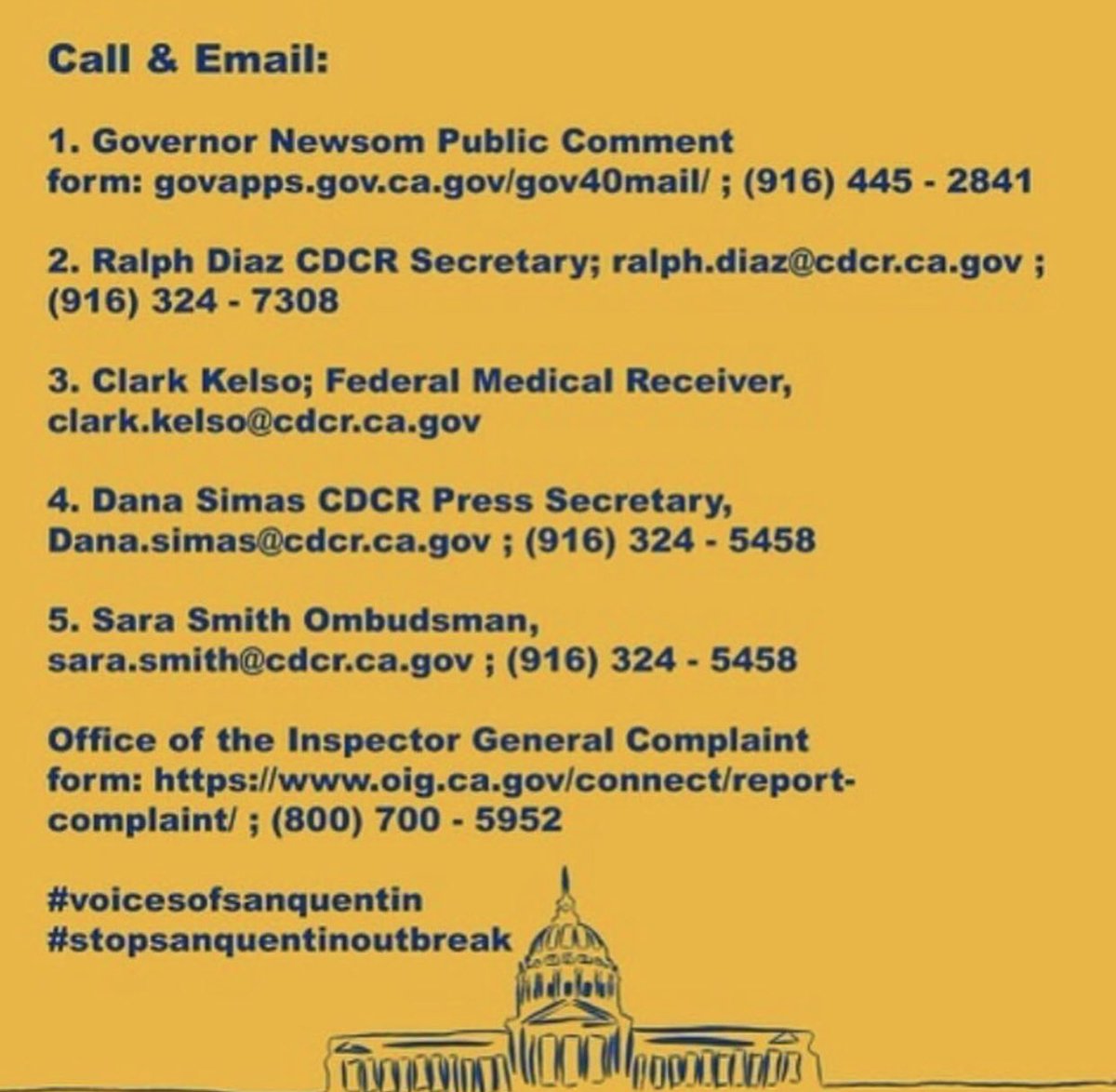 baypeace510's tweet photo. 💢 AN ACTION YOU CAN TAKE 💢
✅ Help protect our incarcerated community by emailing and calling officials to stop the COVID-19 outbreak at San Quentin and ensure incarceration is not a death sentence! 

#VoicesofSanQuentin #StopSanQuentinOutbreak https://t.co/ic719vX99x