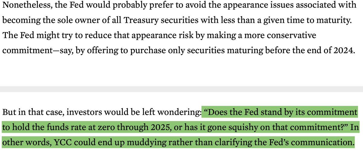I would think that the Fed would target a portion of the curve at least in line with its view of how long the funds rate might have to stay at zero. In that sense, YCC would reinforce, not muddle, the Fed's communication.