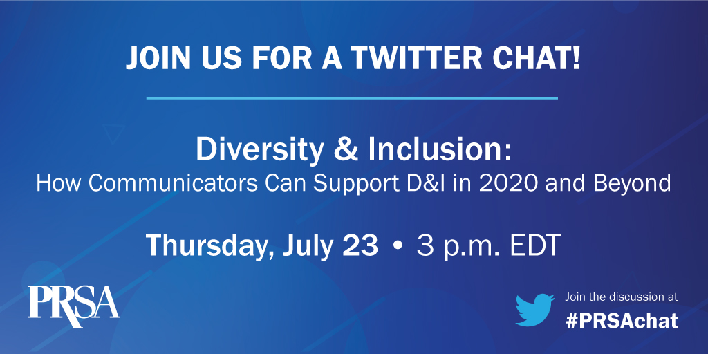 As the country grapples with systemic racism &amp; social injustice, #PRpros are playing a key role in how companies are communicating meaningful change. Join our #PRSAchat on Thursday, June 23 for a conversation on how we can support #diversity and #inclusion in 2020 and beyond.