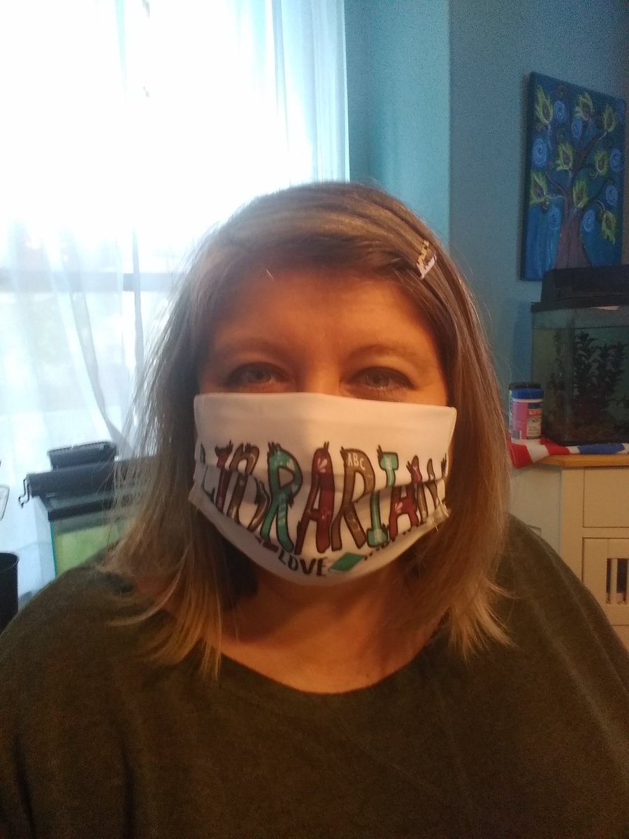 LibraryFly's tweet photo. I bought some librarian masks...had to adjust the ear pieces and now they fit well. https://t.co/JvySzA6q5g