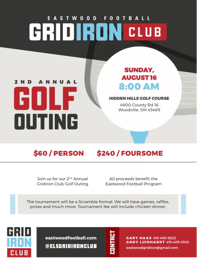 Our 2nd annual golf outing is scheduled for August 16. We’re looking for people who enjoy playing golf and want a way to support the Eastwood Football program. Register your team today.