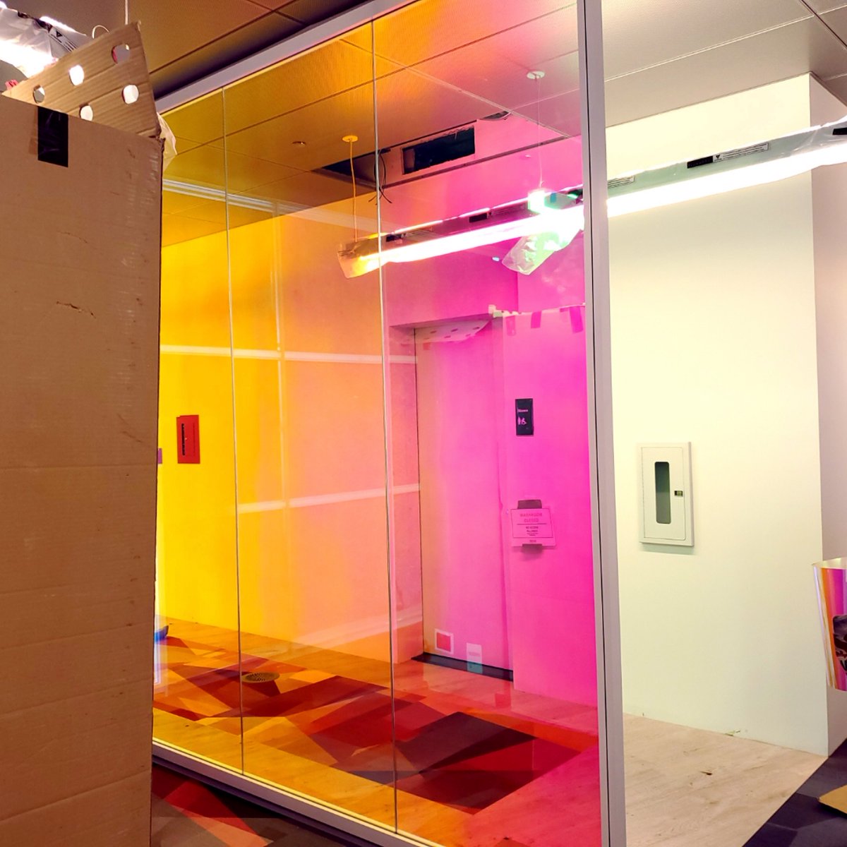 NDGraphics's tweet photo. Some colourful Thursday #windowgraphic inspo! @ModulexSigns installed an amazing 9,000+ square feet of @3MCanada Dichroic Films for Telus Sky in #Calgary!! #dichroic #decor https://t.co/7Sk3t35kMs