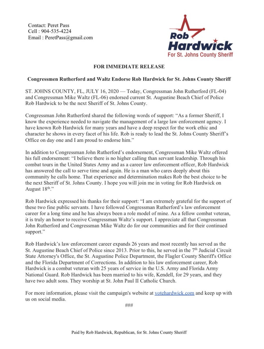 🚨 ENDORSEMENT ALERT! 🚨

We are thrilled to announce the endorsements of Congressman John Rutherford &amp; Congressman Mike Waltz!  

Thank you for your support, Congressmen! #TeamHardwick