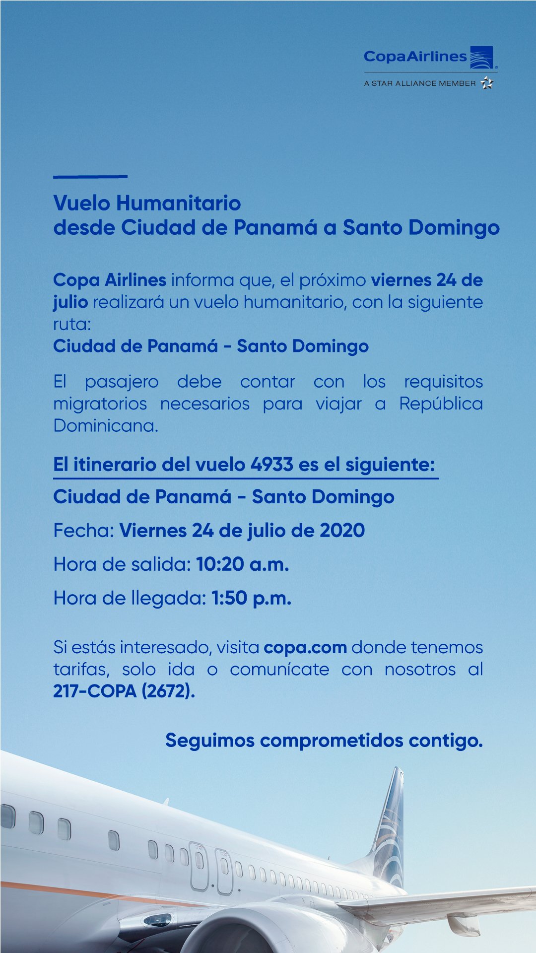Fanático esta dígito Copa Airlines on Twitter: "IMPORTANTE: Información sobre próximo vuelo  humanitario desde Ciudad de Panamá hacia Santo Domingo. Pasajeros  interesados, favor contactarnos a nuestro centro de reservaciones al (507)  217-2672 o visitar https://t.co/ZgRFo8MWkq.