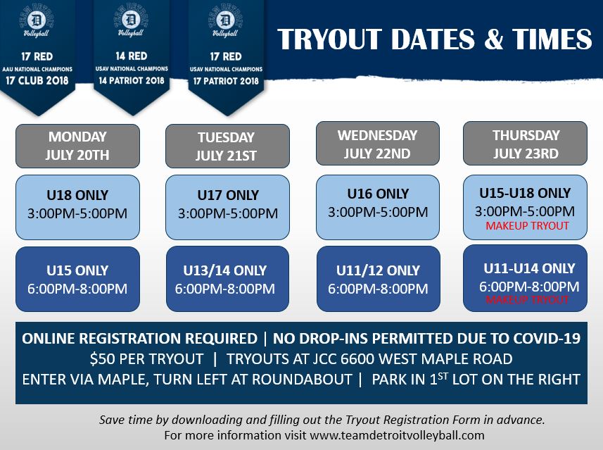 Registration is required for tryouts, no drop-ins permitted. Visit teamdetroitvolleyball.com/tryouts to sign up.
Save time by filling out the "Tryout Registration Form" in advance!