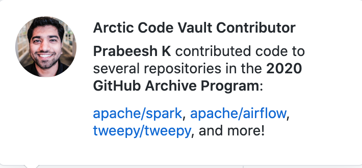 prabeesh_k's tweet photo. I have a new badge in Github. #github #ArcticCodeVaultContributor #ACVC https://t.co/Swjw7vb4xh https://t.co/5PzCzpYtlr