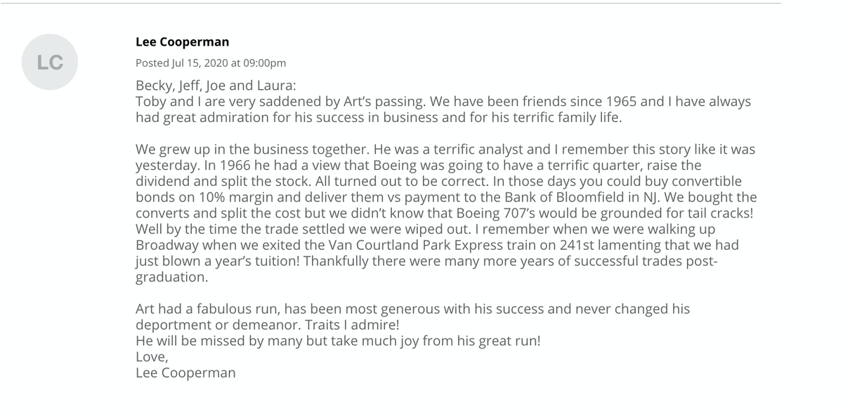 16/ Some memories shared from other friends of his, investor legends, are beautiful.From Lee Cooperman, Stan Druckenmiller, Dan Benton, Mark Kingdon...
