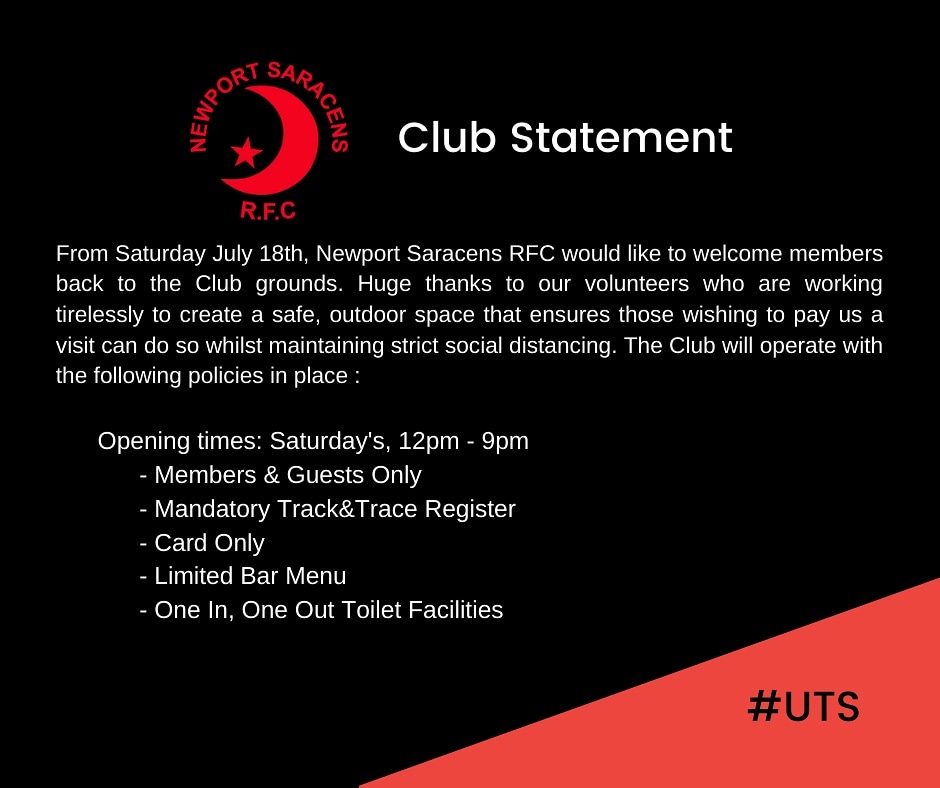 ❤️ We're back! 🖤

Following strict WRU guidance, and Welsh Government guidlines we will be welcoming our members and guests back for the first time this Saturday!

We will be opening for OUTSIDE TRADE ONLY! 🍻

Please read guidlines below! We can't wait to see you all ❤️

#UTS