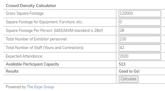 theexpogroup's tweet photo. Add the Crowd Density Calculator to your site with our handy widget https://t.co/ZCWHVjy11j https://t.co/mIkAfMH5rw