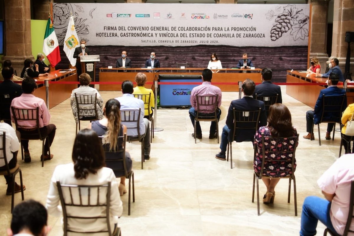 mrikelme's tweet photo. Hoy firmamos el Convenio General de Colaboración para la Promoción Hotelera, Gastronómica y Vinícola de Coahuila, un esfuerzo entre el @GobDeCoahuila y el sector turístico para hacer frente a la pandemia y seguir incentivando esta industria en nuestro estado. #CoahuilaNoSeDetiene https://t.co/YX6dnlhynd