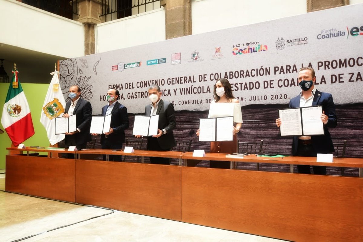 mrikelme's tweet photo. Hoy firmamos el Convenio General de Colaboración para la Promoción Hotelera, Gastronómica y Vinícola de Coahuila, un esfuerzo entre el @GobDeCoahuila y el sector turístico para hacer frente a la pandemia y seguir incentivando esta industria en nuestro estado. #CoahuilaNoSeDetiene https://t.co/YX6dnlhynd
