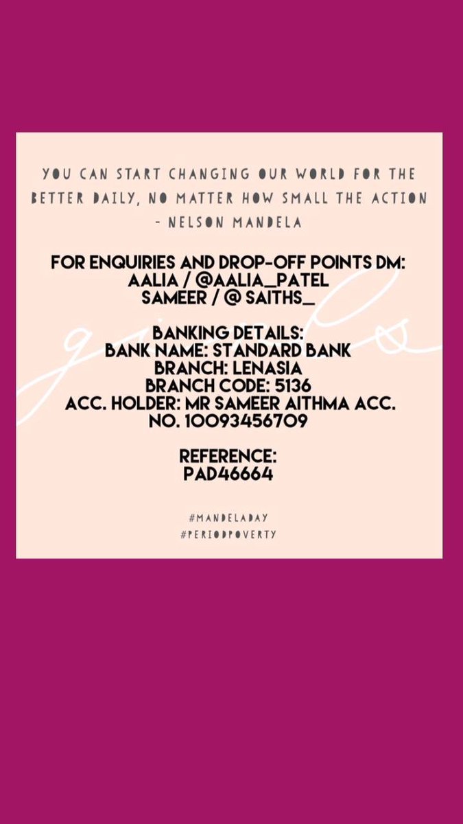 Saiths_'s tweet photo. In spirit of Mandela day , we’re collecting female sanitary products to assist those in communities who can’t afford these basic necessities 🩹 Sharing this post is a contribution of its own ❤️ #PeriodPoverty https://t.co/YuDcrPxbjm