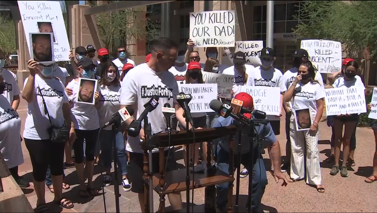 Haugesag's tweet photo. Family of man shot and killed by Phoenix Police want to see the two officers fired and the officer who killed Ryan Whitaker charged with murder. Here's our story from yesterday on the release of body camera footage from the incident in May: https://t.co/B11tIpRjqn #FOX10Phoenix https://t.co/74enzByauR