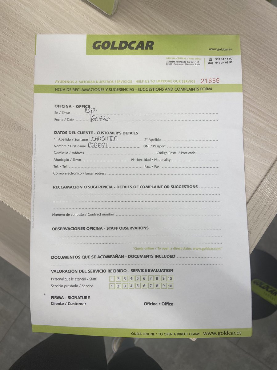 ms_arsenal's tweet photo. Well it’s gone from bad to worse with @goldcarcares...

Tried to lie to me about the Hojas De Reclamaciones- this was the OFFICIAL one from the Junta (it’s not)

Rude &amp; bullying staff. Have it all on video

Called the police and suddenly they have found the right one 😡

RT RT 🙏🏼 https://t.co/dP74oknREm