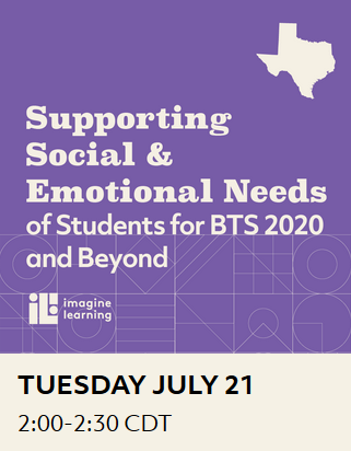 tx_success's tweet photo. Join us for a WEBINAR NEXT TUESDAY! Supporting Social &amp; Emotional Needs of Students for BTS 2020 and Beyond! July 21 @ 2pm CDT 
Register here: https://t.co/0IwRxexXrv https://t.co/HgPckwCTPU