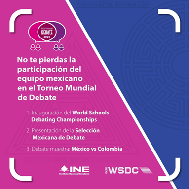 TodosSomosIETAM's tweet photo. 🗣️#TorneoMundialDeDebate
Te invitamos al #DebateCompetitivo entre jóvenes.
Inauguración del "World Schools Debating Championship" en su categoría 13 a 19 años y de la participación de la Selección Mexicana de Debate.
📌17/07 - 18 hrs
Transmisión virtual👇
FB: @INEMexico https://t.co/K73eFbsjxB