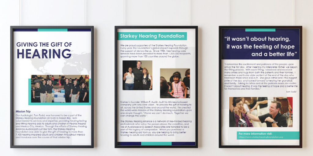 teamplanful's tweet photo. Planful custom designed posters for Audiological and Speech Associates. They represent the work ASA did in partnership with the Starkey Hearing Foundation. The Starkey Hearing Foundation gives the gift of hearing to all, across the United States and around the world. https://t.co/wofnrHzpNM