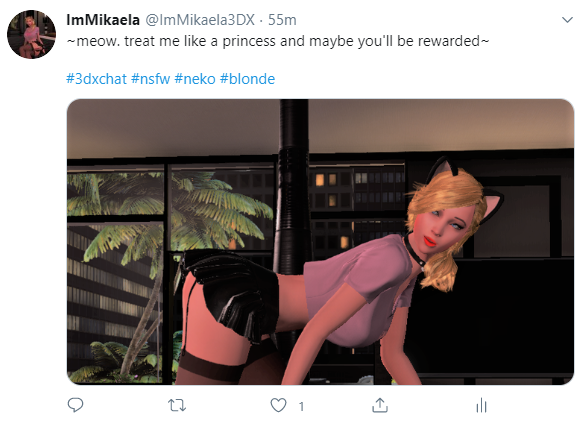 Convinced the blondie from earlier to make her own Twitter. Go show her some love if you want more from her! <3<3
#3dxchat #Immikaela3DX