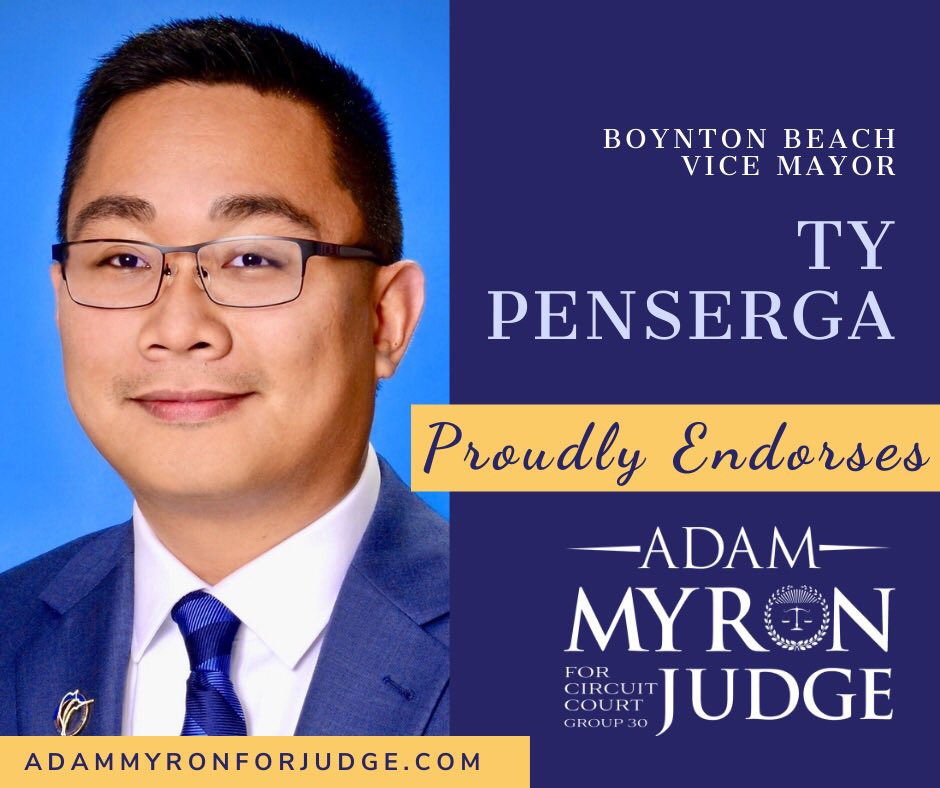 adammmyron's tweet photo. Adam is excited to announce his most recent endorsement from @tyforboynton , Vice Mayor, City of Boynton Beach! #AdamMyronForJudge #PalmBeachCounty #VoteAugust18th #MyronInTheMiddle https://t.co/HJq57iEvWd https://t.co/AZIFCILvbT