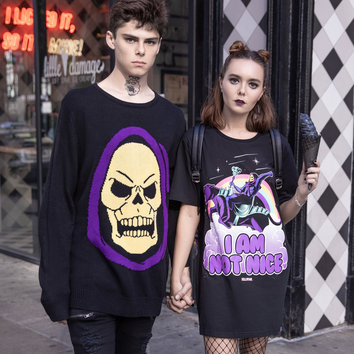 killstar's tweet photo. Not Today He-Man, Not Today! 😈 

Skeletor Knit Sweater + Not Nice T-Shirt

https://t.co/ZUjw6IU0bZ | We Ship Worldwide!🌙

[Models @omgimwigs &amp; @alannaplanet wear size XL &amp; M]  

#killstar #nugoth #gothicfashion #universalstyle #styleisuniversal https://t.co/w7tpOnkyfG