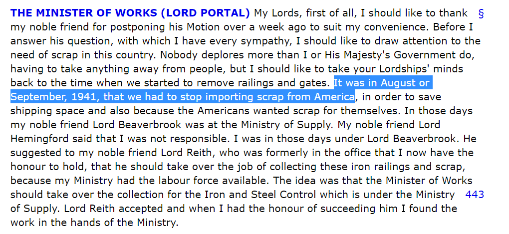 the Minister of Works - the magnificently-named Lord Portal - talks of how in August 1941 they had to stop importing scrap from America. So they had to find their own (it also saved valuable shipping space) - it seems 3.5 million properties were affected https://api.parliament.uk/historic-hansard/lords/1943/jul/13/requisitioned-railings