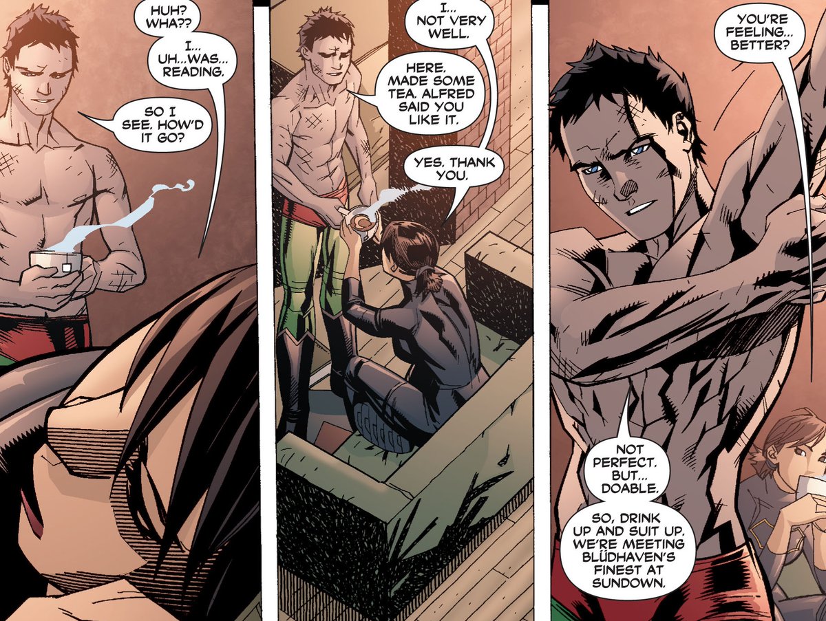 The very next day (after probably one of the best moments Gabrych had in the run of Cass trying to read), Tim greets her with tea, but resistant to talking things out with Cass. Still, the gesture is nice.