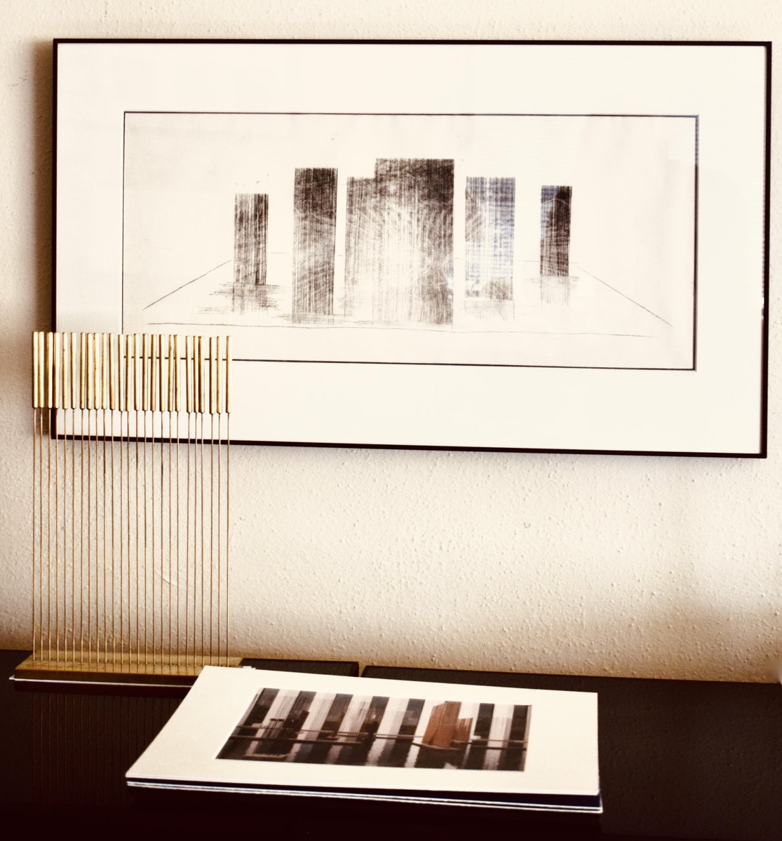 A happy customer sent this picture of his Table Tonal II in Illinois, next to his #Bertoia #monotype. Buy yours today; on sale for a few more days! harrybertoia.org/shop/ #harrybertoiafoundation #tonal #soundingsculpture