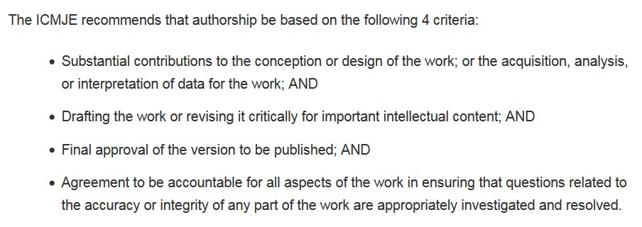 Still on abstracts/papers: make an actual meaningful contribution. See ICJME guidelines . Many local collaborators miss out on this not because they are incompetent/unwilling but because they were not invited by the team leads/PI to contribute. We need to change that. 6/