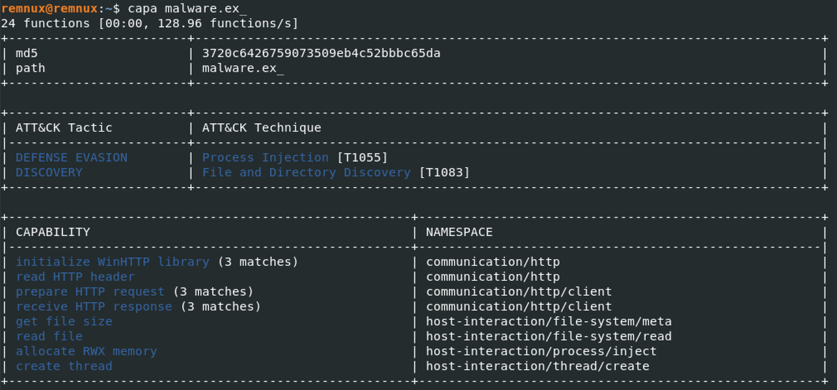REMnux's tweet photo. REMnux v7 release likely next week. Lots of new and exciting tools, including @FireEye capa. Thanks for this handy tool, @williballenthin, Moritz Raabe, and team! https://t.co/tfar6hOiP5