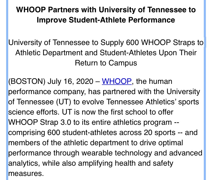 PeterBurnsESPN's tweet photo. Interesting:

The University of Tennessee and Whoop have just partnered up to offer 600 of their student athletes their Whoop straps

Remember, @whoop did something similar w/ PGA Tour and LPGA Tour in last few weeks. https://t.co/g0GJgR5MSU