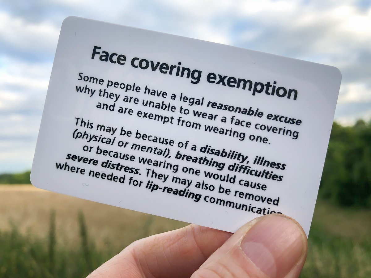 Photosymbols's tweet photo. Facecovering #exemption cards 😷 New rules. Prototype universal design. Versions to print and keep on your phone coming soon. Not everyone is able to wear a #facemask and dealing with public situations can be hard.

#FaceCoverings #FaceMasks #ReasonableAdjustments https://t.co/RWDya8jdVC