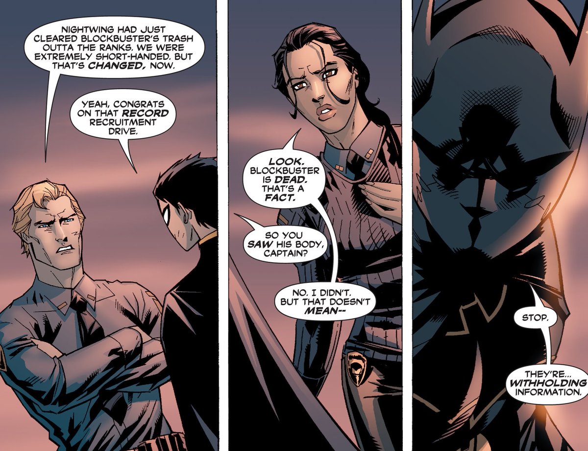 The two meet the two contacts from Bludhaven, and we get a really nice moment where Tim is inquiring while Cass watches then realizes (due to their body language) that something is amiss. I kind of wish we saw this more with Cass.