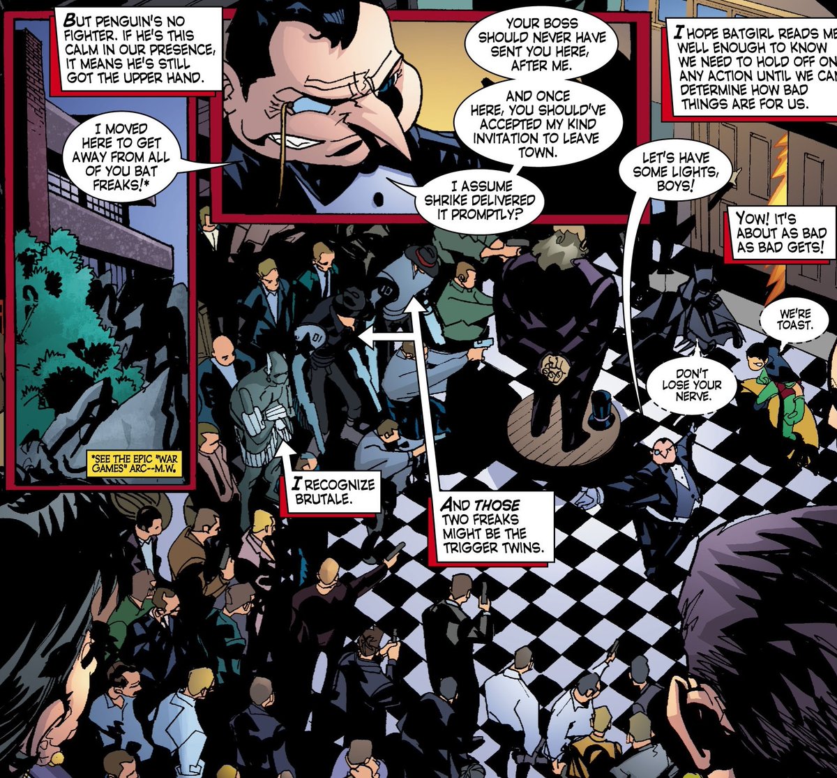 So, the two go-to location to find "Blockbuster" still under a slight case of death and Penguin running the Bludhaven underworld now (and where we switch to Robin and glorious Damion Scott art).