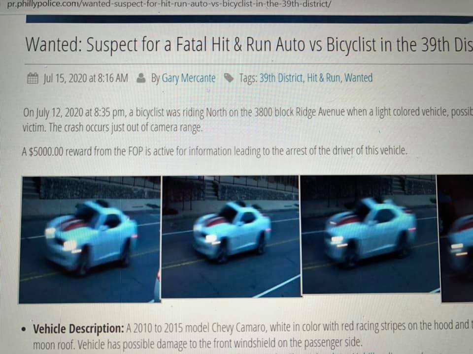 bcgp's tweet photo. More information: This is the car the person was driving when they killed Lindsay. Please share widely!! #bikePHL #VisionZeroPHL https://t.co/a0o0V6hwmK