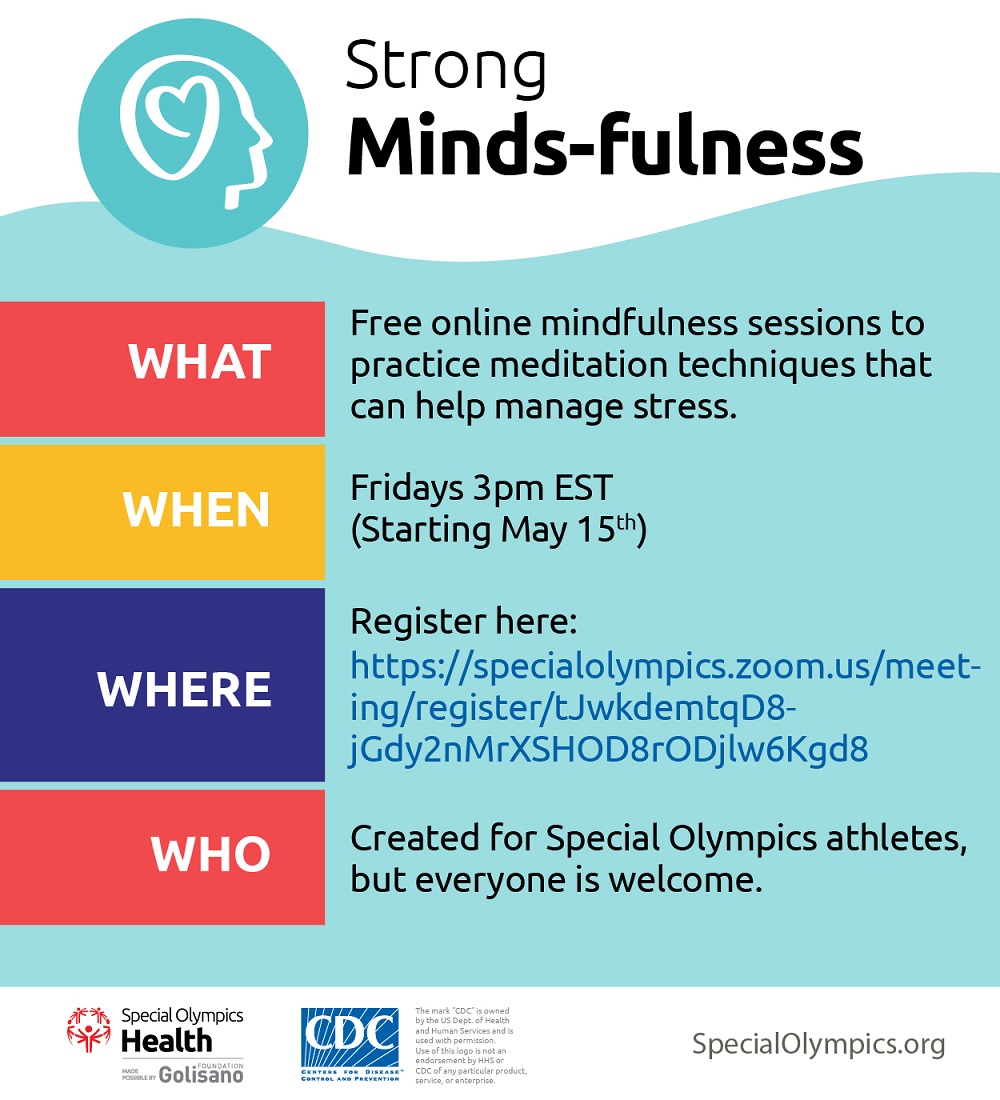 SpecialOlympics's tweet photo. Keeping a strong 🧠 is so important! Join us this Friday, for our final, online mindfulness session, where we will practice techniques which can help manage stress. 

Sign up &amp; join us for tomorrow's session ➡️ https://t.co/Dfln1ZSOeD. #InclusiveHealth https://t.co/4YjgUviePQ