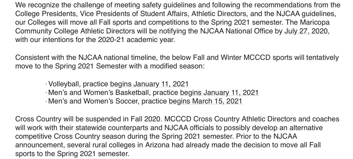 SMCCCougars's tweet photo. The @mcccd office of the Chancellor will move all Fall sports to the Spring 2021 semester. Beginning 10/1/20, MCCCD will evaluate the viability of athletic activity in the spring semester. A decision will be made no later than 11/25/20.  Read below for more info: https://t.co/lFR0HlpWob