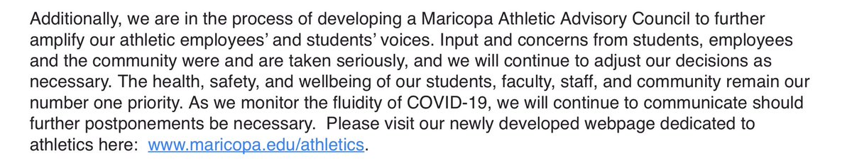 SMCCCougars's tweet photo. The @mcccd office of the Chancellor will move all Fall sports to the Spring 2021 semester. Beginning 10/1/20, MCCCD will evaluate the viability of athletic activity in the spring semester. A decision will be made no later than 11/25/20.  Read below for more info: https://t.co/lFR0HlpWob