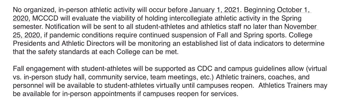 SMCCCougars's tweet photo. The @mcccd office of the Chancellor will move all Fall sports to the Spring 2021 semester. Beginning 10/1/20, MCCCD will evaluate the viability of athletic activity in the spring semester. A decision will be made no later than 11/25/20.  Read below for more info: https://t.co/lFR0HlpWob