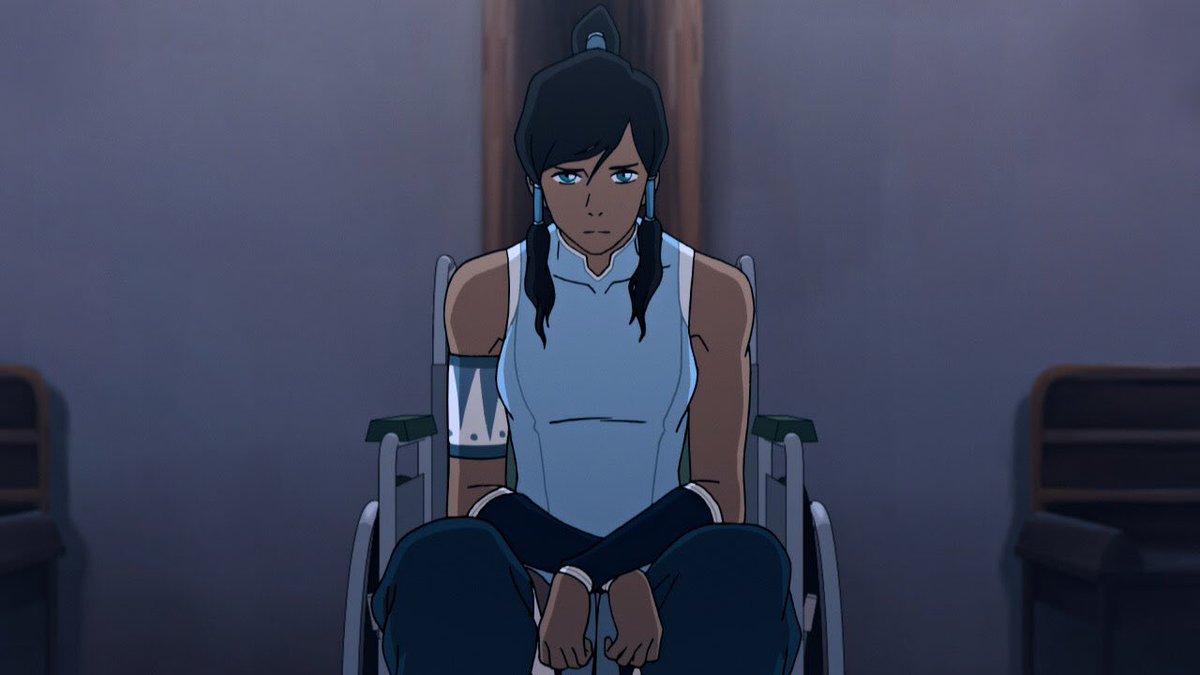 and then she becomes stuck in a wheelchair, having to relearn how to walk. and those around her tell her not to worry, that they can manage without her- unknowingly confirming her worst fears, that she’s entirely unneeded as the avatar, that the world can function without her.