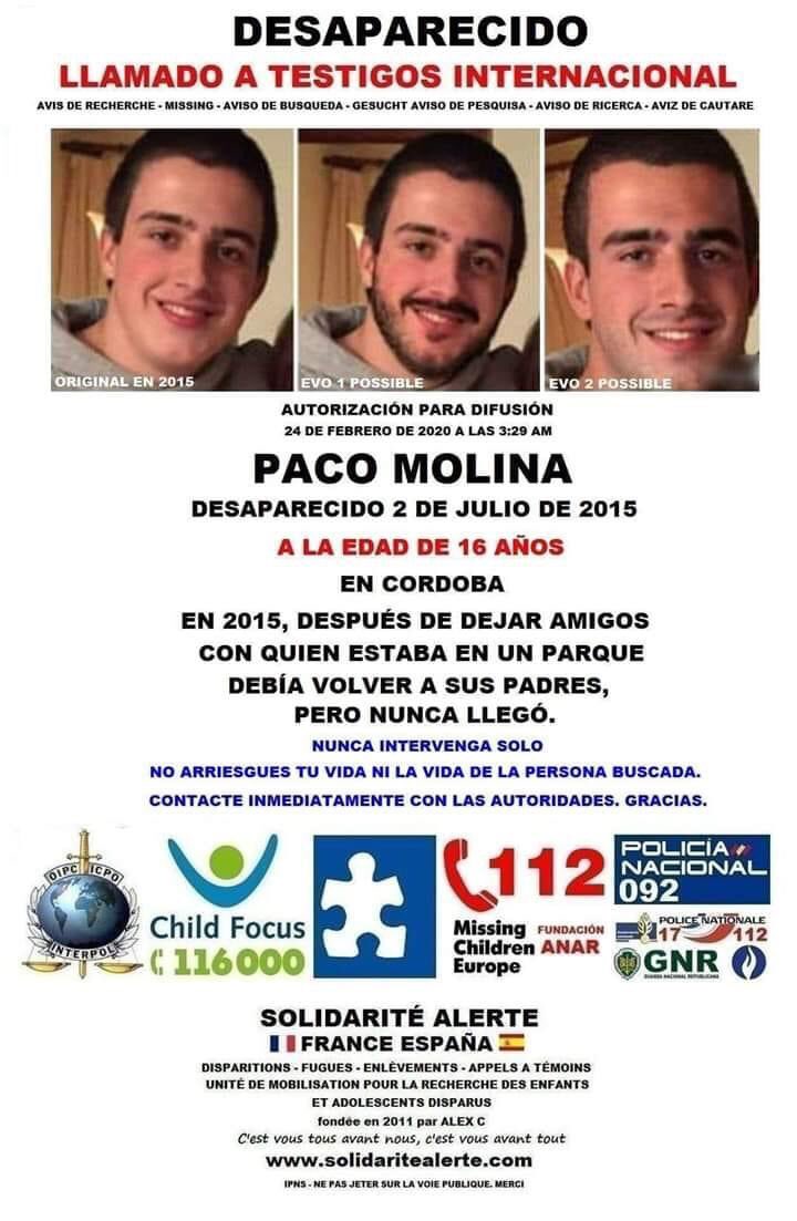 Si alguien cree que le ha podido ver o sabe algo de PACO desapareció hace 5 años en Córdoba, es nuestro hijo #buscandoapacomolina Tf padre 661 471 962