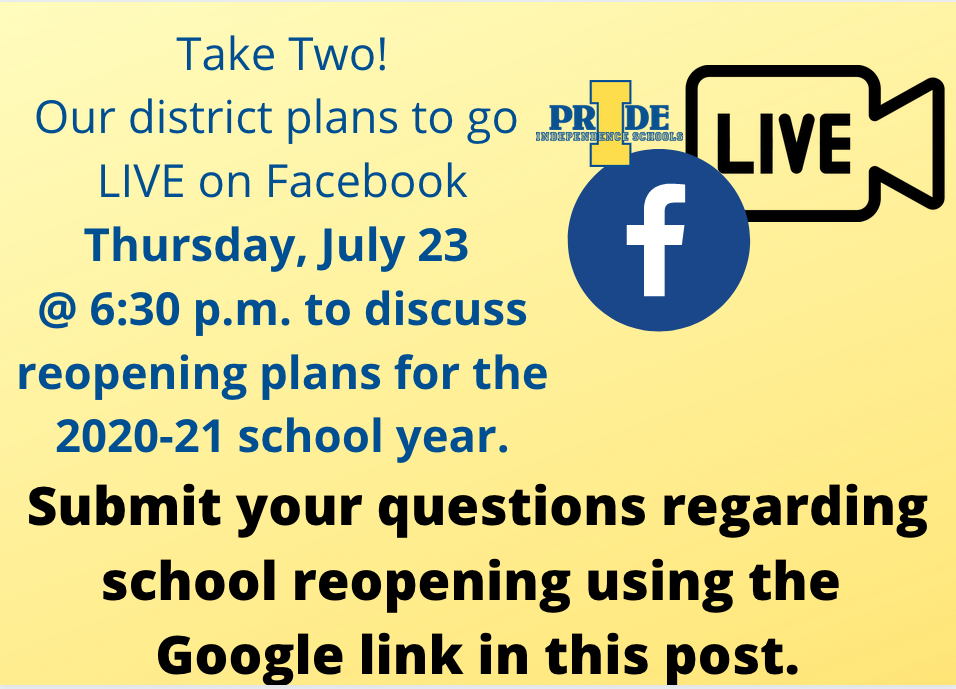 Take two! We will go live 7/23 @ 6:30 p.m.  We apologize for canceling yesterday, but did not want to overlap with the Governor's address.  Parents: Superintendent Hegedish will be emailing you tomorrow with an update. 
forms.gle/Us6aVTm3c7vUzM…