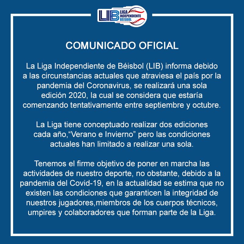 lib_vzla's tweet photo. #LIB | La Liga Independiente de Béisbol informa debido a las circunstancias actuales que atraviesa el país por la pandemia del Coronavirus, se realizará una sola edición 2020.

📄 https://t.co/0ipEAT1oHw https://t.co/vsjywo0Wc9