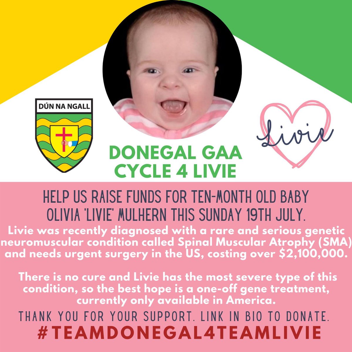 ethanownie97's tweet photo. Donegal Cycle 4 Livie 🚲🏐
Baby Livie is a 10-month-old baby who has been diagnosed with SMA and urgently needs surgery in USA which will cost over two million dollars. 
This Sunday the Donegal Footballers are cycling across the county to raise funds for baby Livie. 
Link in bio. https://t.co/EG2nbj3EHT