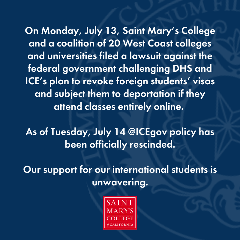 stmarysca's tweet photo. On 7/13, SMC and a coalition of 20 West Coast colleges and universities filed a lawsuit against the federal gov challenging DHS and ICE’s plan to revoke foreign students’ visas and subject them to deportation if they attend classes entirely online. https://t.co/CtUWqZkHdR
