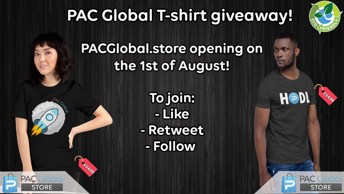 PACstorescom's tweet photo. T-Shirt #Giveaway!
Win a #free PAC Global T-Shirt!
To celebrate https://t.co/KEro8Hoi9d opening on the 1st of August!
To join:
- Like
- Retweet
- Follow @PacglobalStore
#pac #pacglobal #pacit #contest #giveawaycontest #btc #ltc #eco #giveaways #giveawaytime #giveawayalert https://t.co/xNSiCWOqOA