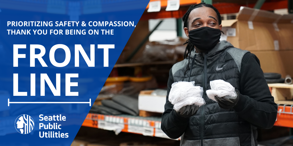 SeattleSPU's tweet photo. At SPU, we are working to continue to keep our staff &amp; community safe while working on the #frontline. Thank you to our customers for wearing your mask when you visit. You are helping to continue to keep our crews safe &amp; healthy as well.  
#ThankfulThursday #ThankYouSPUFrontLine https://t.co/4qPNJux7Z5