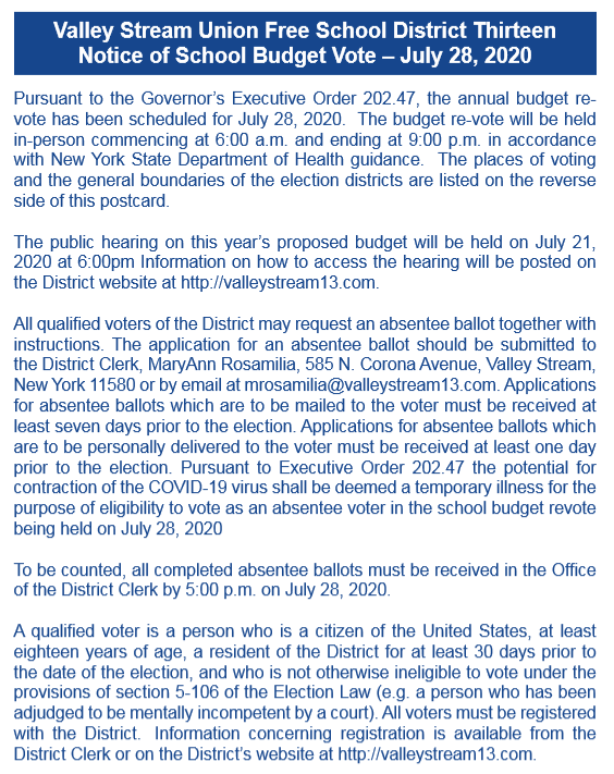 VS13UFSD's tweet photo. Our budget revote is approaching! Please mark your calendars for our Budget Hearing on July 21st at 6pm, and be sure to VOTE on July 28th at any of our schools. If you are away from home, requests for absentee ballots can be directed to mrosamilia@valleystream13.com https://t.co/dEL4SEAsDd