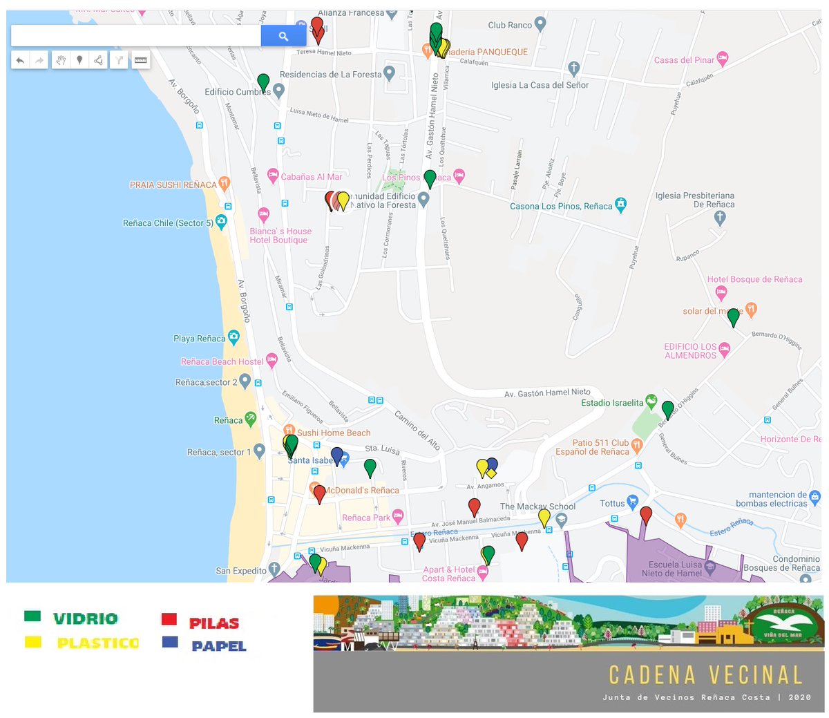 jvrenaca's tweet photo. #REÑACAENCASA

Estimados Vecinos, informamos puntos de reciclaje en Reñaca, 
donde podrán encontrar contenedores de deposito de pilas (rojo),Vidrio (verde), Papel (azul) y plástico (amarillo), les pedimos hacer buen uso de ellos #juntadevecinosreñacacosta #reñacaencasa #recicla https://t.co/bccQv0H923